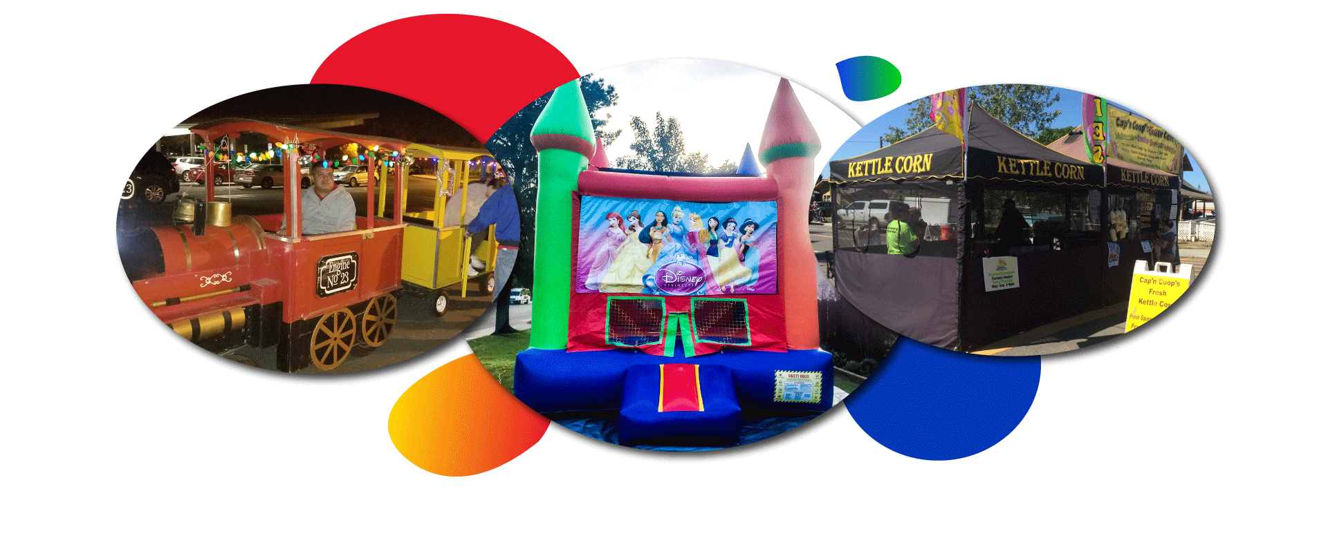 We offer bounce house, trains, and kettle corn for special events